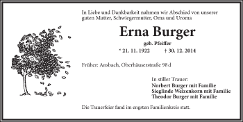 Traueranzeige von Erna Burger von Ansbach
