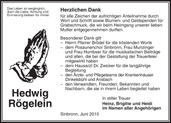 Traueranzeige von Hedwig Rögelein von Dinkelsbühl/ Feuchtwangen