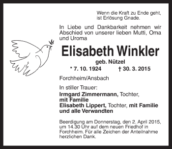 Traueranzeige von Elisabeth Winkler von Ansbach