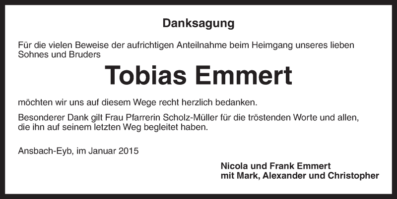  Traueranzeige für Tobias Emmert vom 16.01.2015 aus Ansbach