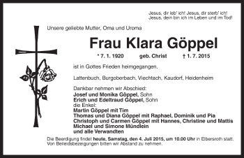 Traueranzeige von Klara Göppel von Dinkelsbühl/ Feuchtwangen