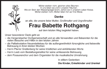 Traueranzeige von Babette Rothgang von Ansbach