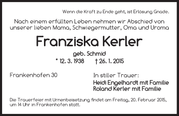 Traueranzeige von Franziska Kerler von Dinkelsbühl/ Feuchtwangen