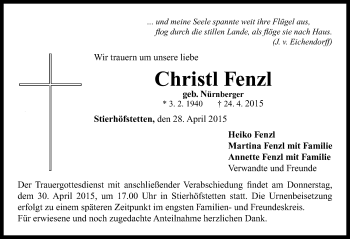 Traueranzeige von Christl Fenzl von Neustadt/ Scheinfeld/ Uffenheim