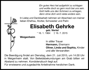 Traueranzeige von Elisabeth Gehrke von Neustadt/ Scheinfeld/ Uffenheim