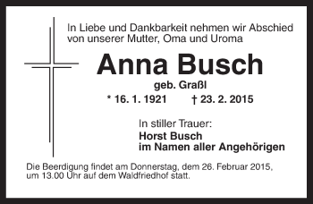 Traueranzeige von Anna Busch von Ansbach