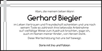 Traueranzeige von Gerhard Biegler von Dinkelsbühl/ Feuchtwangen