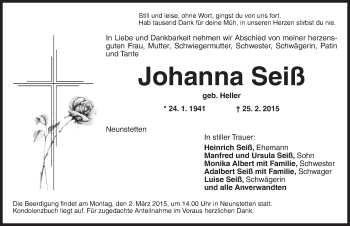 Traueranzeige von Johanna Seiß von Dinkelsbühl/ Feuchtwangen