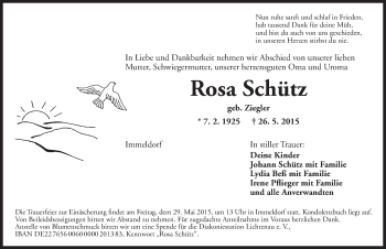 Traueranzeige von Rosa Schütz von Ansbach