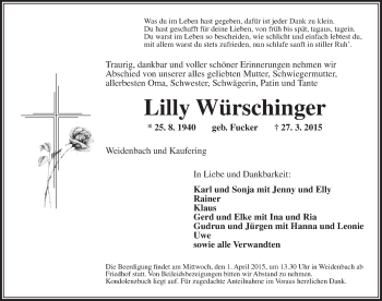 Traueranzeige von Lilly Würschinger von Ansbach