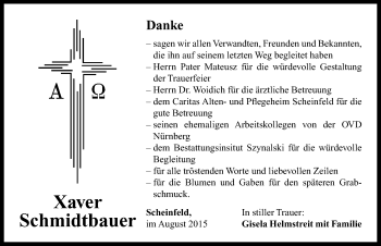 Traueranzeige von Xaver Schmidtbauer von Neustadt/ Scheinfeld/ Uffenheim