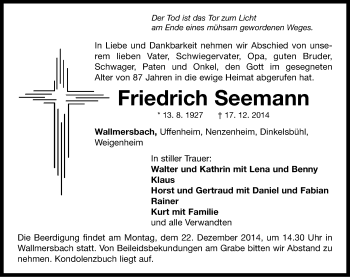 Traueranzeige von Friedrich Seemann von Neustadt/ Scheinfeld/ Uffenheim