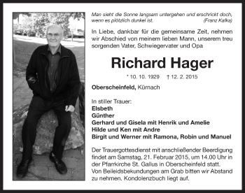 Traueranzeige von Richard Hager von Neustadt/ Scheinfeld/ Uffenheim