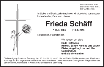 Traueranzeige von Frieda Schäff von Ansbach