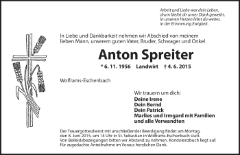 Traueranzeige von Anton Spreiter von Ansbach