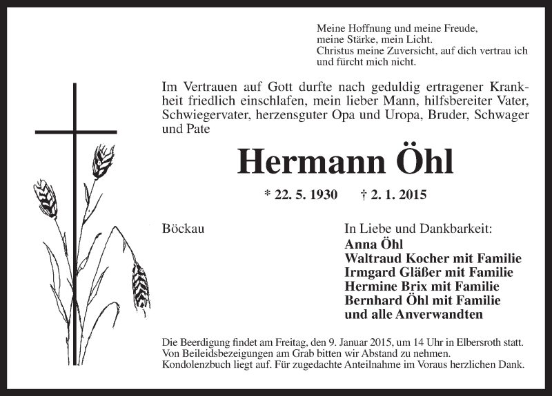  Traueranzeige für Hermann Öhl vom 06.01.2015 aus Dinkelsbühl/ Feuchtwangen