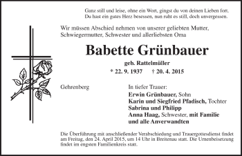 Traueranzeige von Babette Grünbauer von Dinkelsbühl/ Feuchtwangen