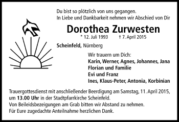 Traueranzeige von Dorothea Zurwesten von Neustadt/ Scheinfeld/ Uffenheim