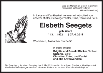 Traueranzeige von Elsbeth Seegets von Ansbach