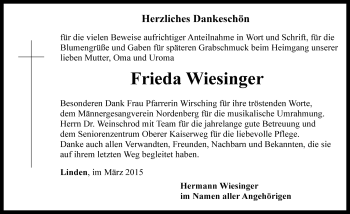 Traueranzeige von Frieda Wiesinger von Rothenburg