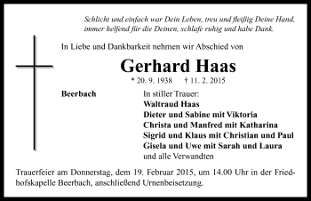 Traueranzeige von Gerhard Haas von Neustadt/ Scheinfeld/ Uffenheim