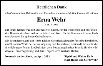 Traueranzeige von Erna Wehr von Neustadt/ Scheinfeld/ Uffenheim
