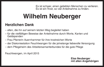 Traueranzeige von Wilhelm Neuberger von Dinkelsbühl/ Feuchtwangen