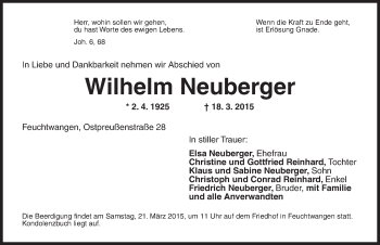 Traueranzeige von Wilhelm Neuberger von Dinkelsbühl/ Feuchtwangen