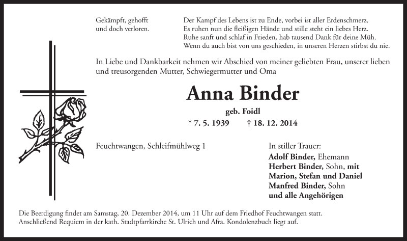  Traueranzeige für Anna Binder vom 19.12.2014 aus Dinkelsbühl/ Feuchtwangen