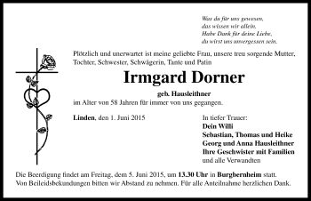 Traueranzeige von Irmgard Dorner von Neustadt/ Scheinfeld/ Uffenheim