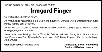 Traueranzeige von Irmgard Finger von Neustadt/ Scheinfeld/ Uffenheim