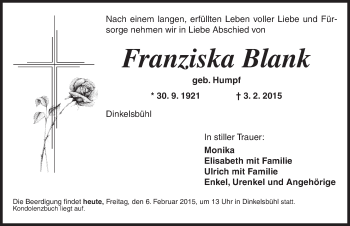 Traueranzeige von Franziska Blank von Dinkelsbühl/ Feuchtwangen