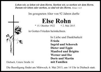 Traueranzeige von Else Rohn von Rothenburg