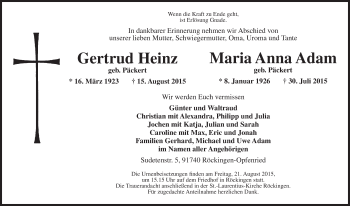 Traueranzeige von Getrud Heinz  Maria Anna Adam von Dinkelsbühl/ Feuchtwangen