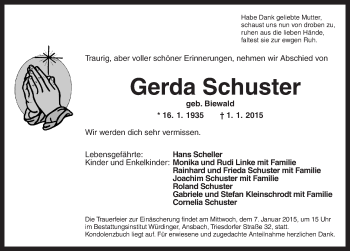 Traueranzeige von Gerda Schuster von Ansbach