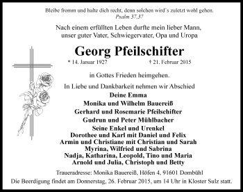 Traueranzeige von Georg Pfeilschifter von Rothenburg