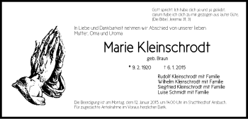 Traueranzeige von Marie Kleinschrodt von Ansbach
