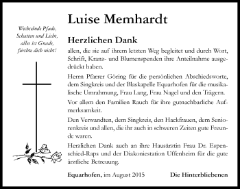 Traueranzeige von Luise Memhardt von Neustadt/ Scheinfeld/ Uffenheim