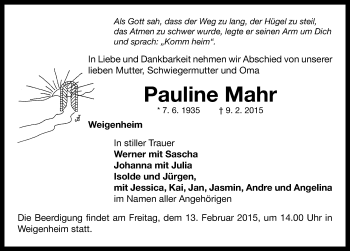 Traueranzeige von Pauline Mahr von Neustadt/ Scheinfeld/ Uffenheim