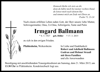 Traueranzeige von Irmgard Ballmann von Neustadt/ Scheinfeld/ Uffenheim