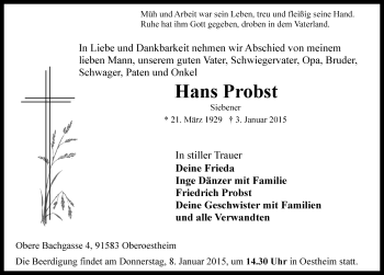 Traueranzeige von Hans Probst von Rothenburg