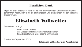 Traueranzeige von Elisabeth Vollweiter von Ansbach