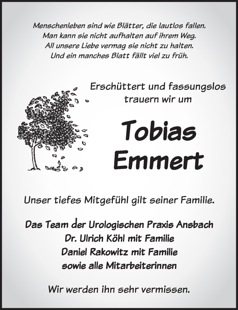  Traueranzeige für Tobias Emmert vom 06.01.2015 aus Ansbach