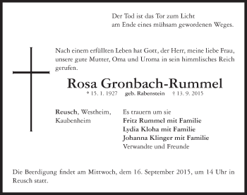 Traueranzeige von Rosa Gronbach-Rummel von Neustadt/ Scheinfeld/ Uffenheim