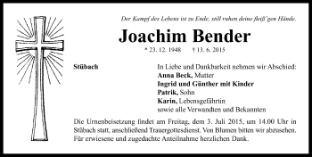 Traueranzeige von Joachim Bender von Neustadt/ Scheinfeld/ Uffenheim