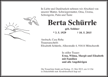 Traueranzeige von Berta Schürrle von Dinkelsbühl/ Feuchtwangen