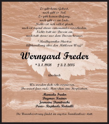Traueranzeige von Werngard Freder von Ansbach
