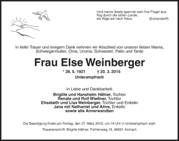 Traueranzeige von Else Weinberger von Dinkelsbühl/ Feuchtwangen