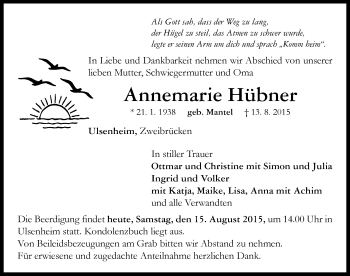 Traueranzeige von Annemarie Hübner von Neustadt/ Scheinfeld/ Uffenheim