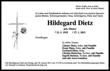 Traueranzeige von Hildegard Dietz von Rothenburg